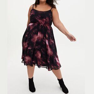 Torrid Galaxy Print Black Pink Star Midi Chiffon Pleated Sleeveless Pocket Dress